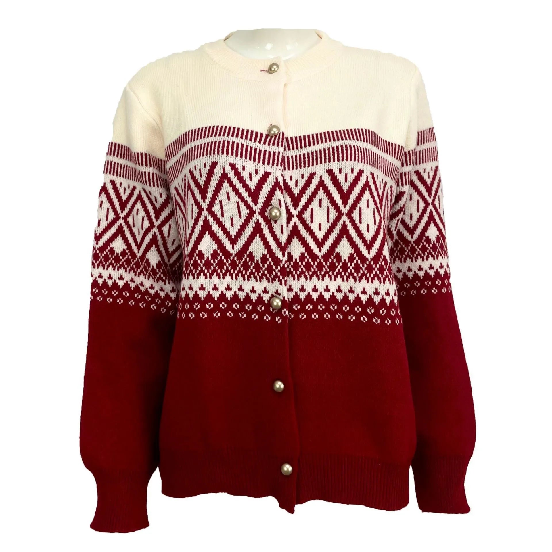 Women's red alpaca wool cardigan with diamond knit pattern and contrast colour detailing