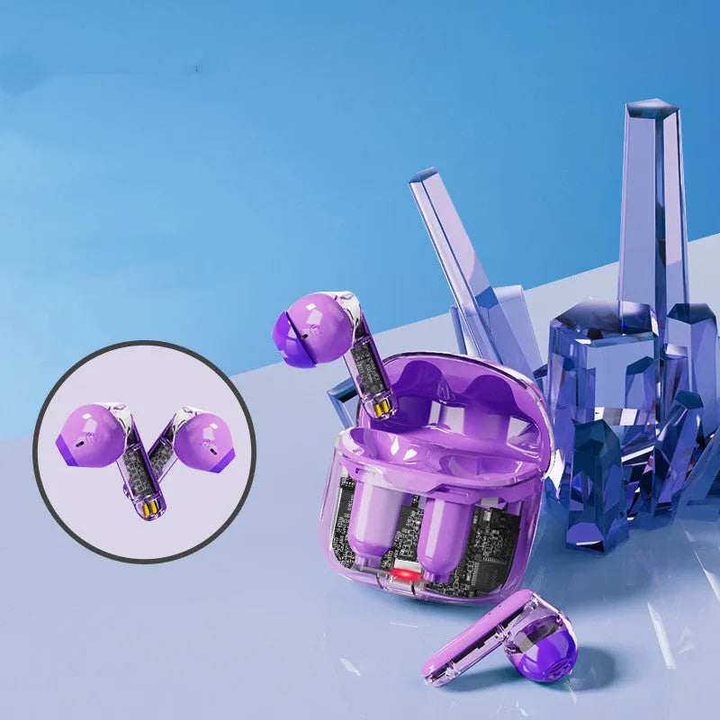 Transparent cabinet wireless Bluetooth gaming headset with black, white, and purple colour options