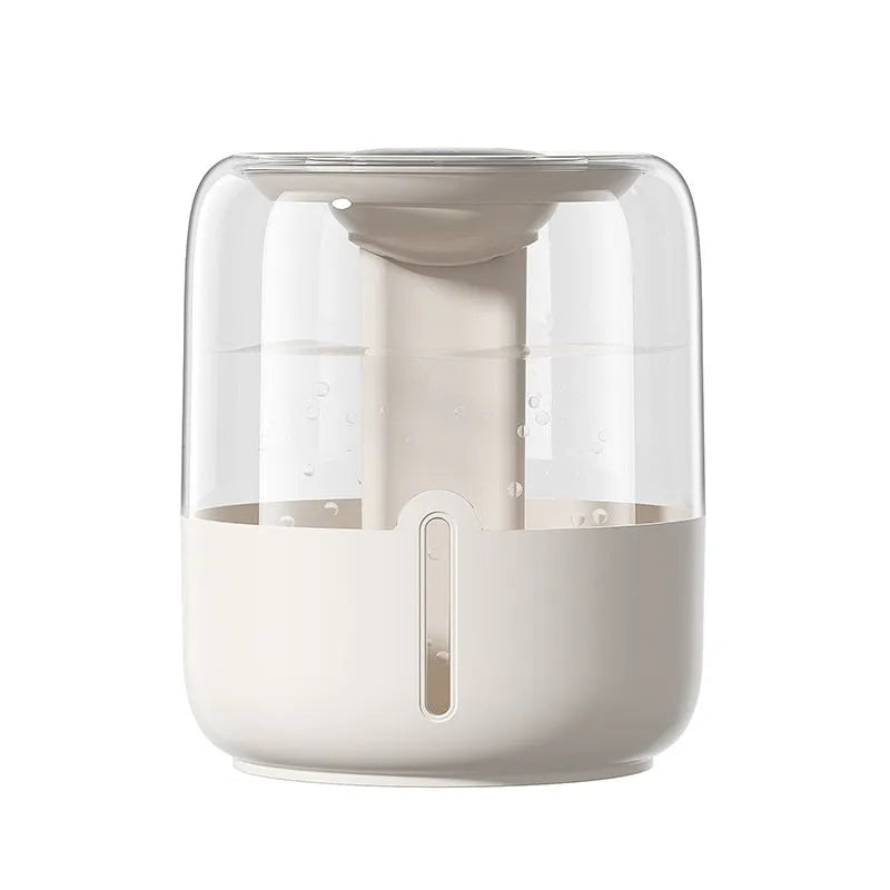Beige round USB humidifier with dual spray outlets, display screen, and night light.