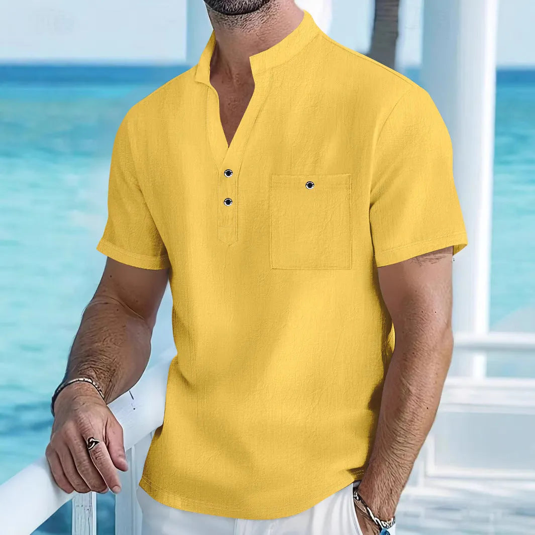 Men's short sleeve linen shirt with stand collar in loose fit, solid colour pullover style
