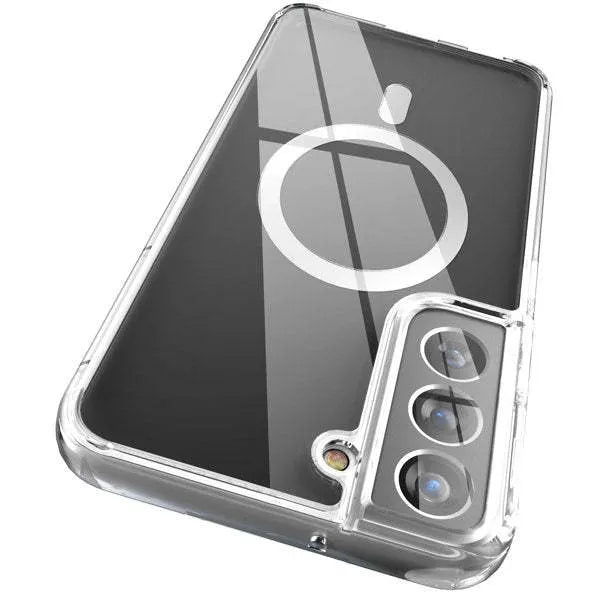 Clear transparent MagSafe magnetic phone case for Samsung Galaxy S21, S22, S23 models on a table