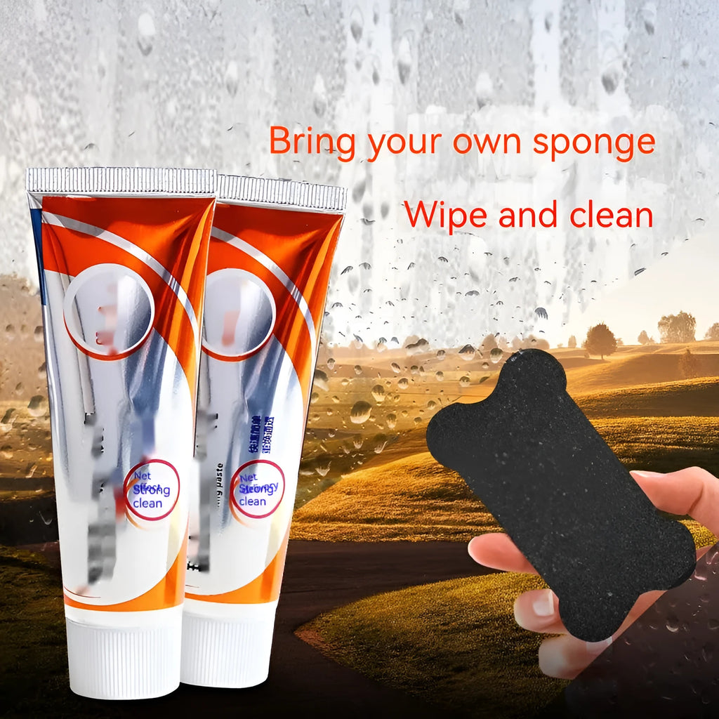 White 65ml tube of car windscreen cleaning paste and a sponge mop for oil stain removal on glass.