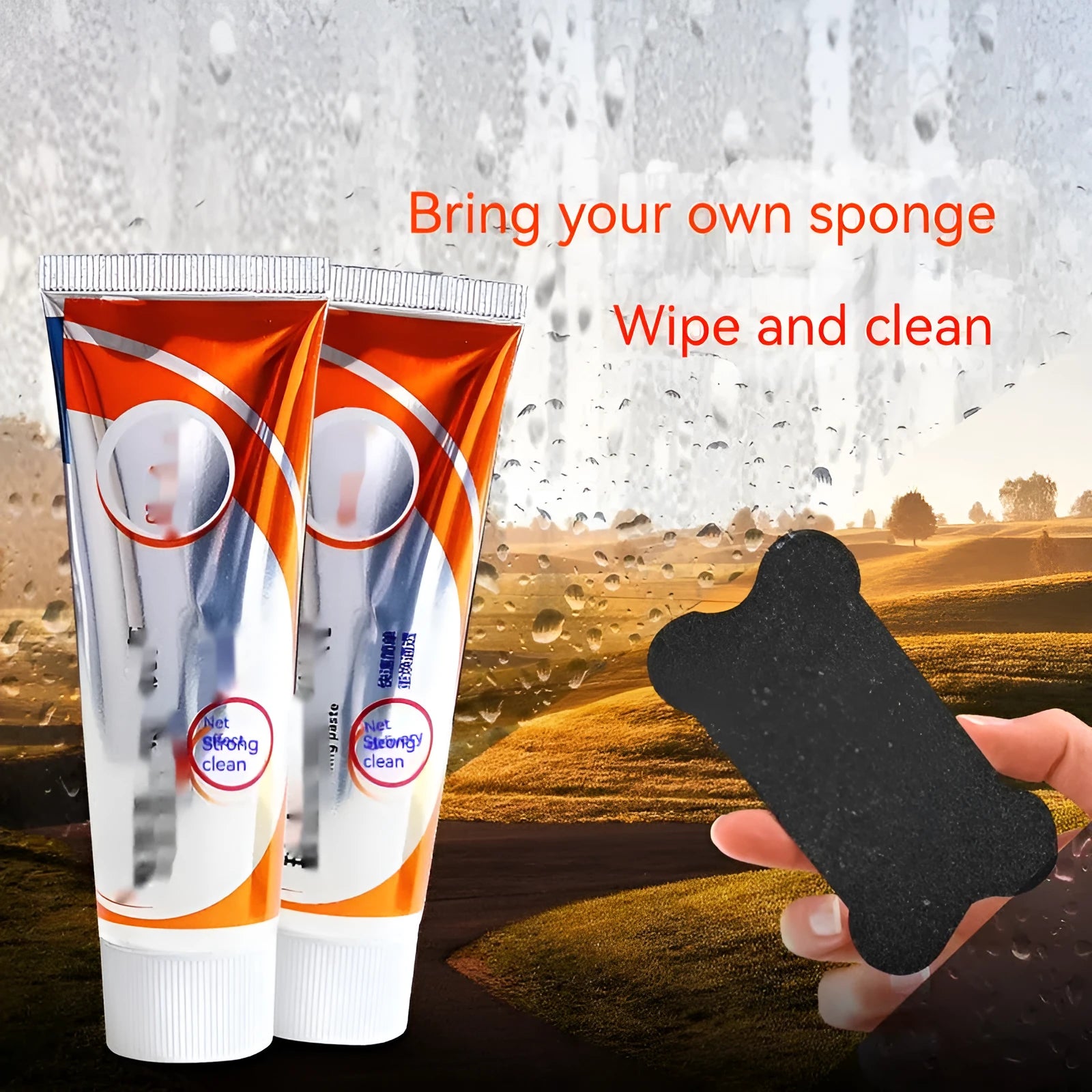 White 65ml tube of car windscreen cleaning paste and a sponge mop for oil stain removal on glass.