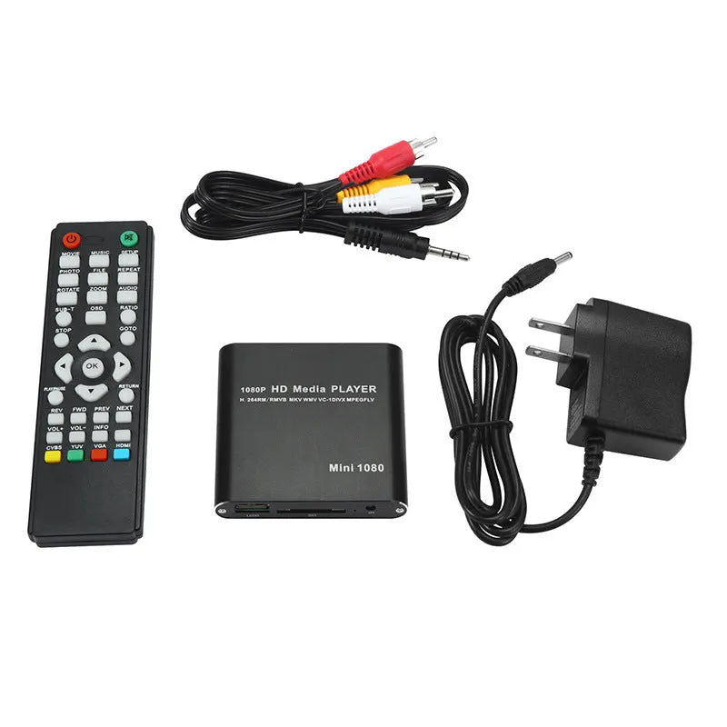 Blue 1080P Full HD media player with HDMI port USB and SD card slots compact metal body