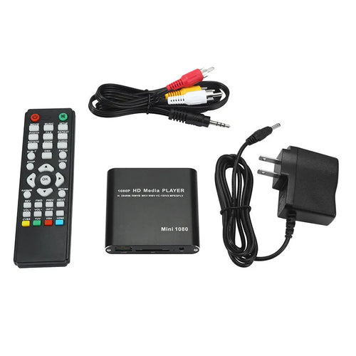 Blue 1080P Full HD media player with HDMI port USB and SD card slots compact metal body