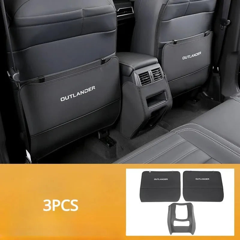 Three leather anti-kick pads for Mitsubishi Outlander seat and console protection.