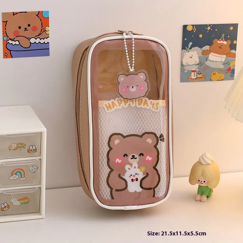 Large transparent PVC pencil case with cartoon bear, rabbit, and dog designs for student stationery.