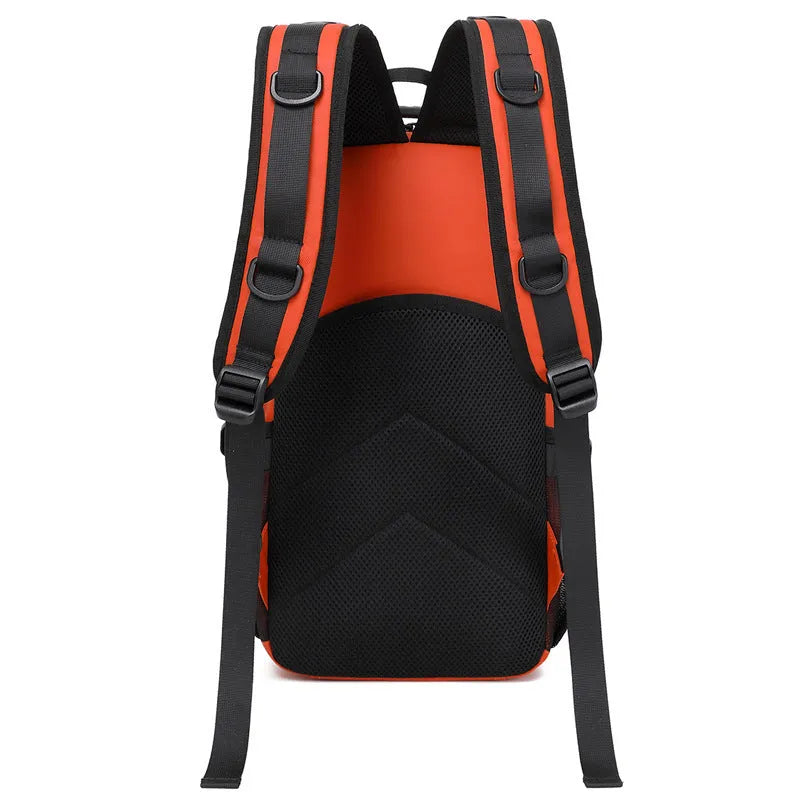 Large 20-35 litre outdoor backpack in orange colour made from Derm material for hiking and camping