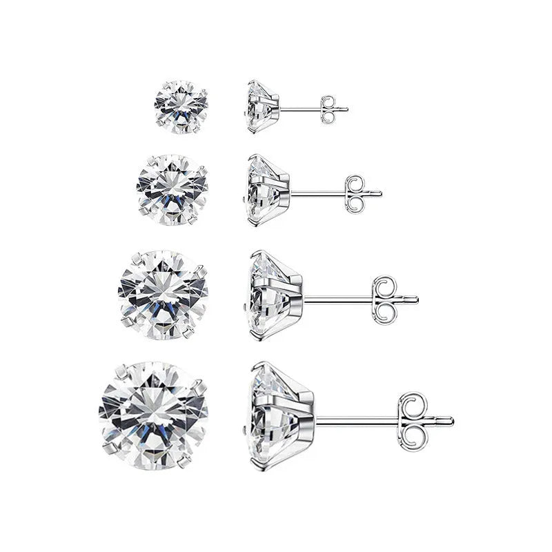 Stainless steel geometric square zircon stud earrings with gold or steel colour finish in sizes from 2mm to 8mm