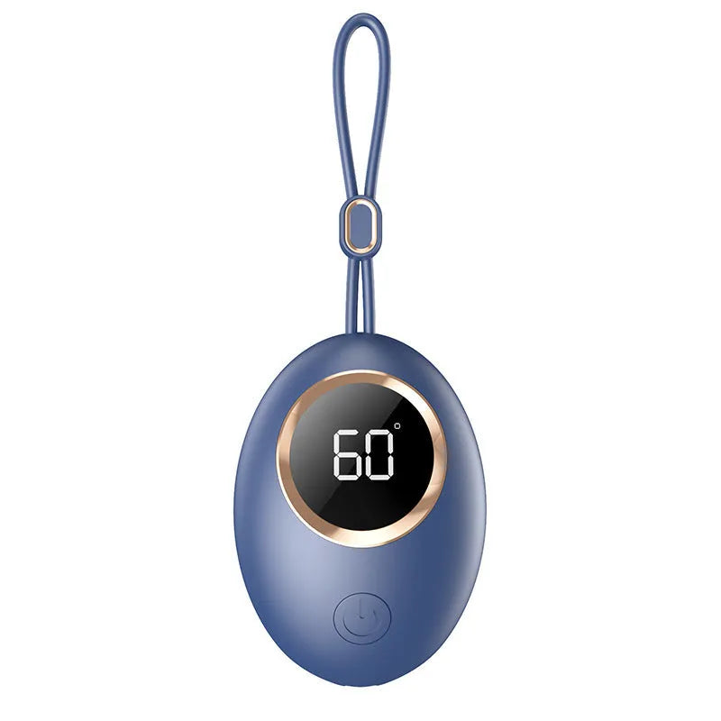 USB-powered hand warmer and power bank unit with a digital display in various colours.