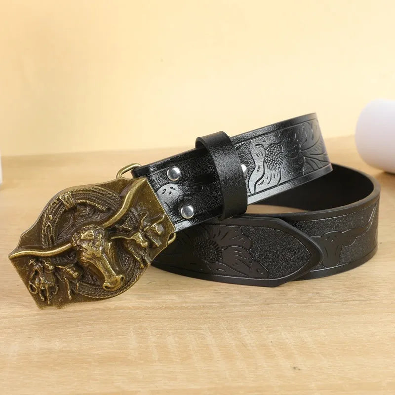 Men's black imitation leather belt with decorative alloy cow head buckle and pin buckle fastening