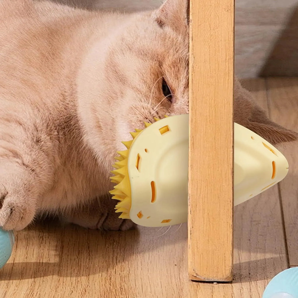 Yellow durian-shaped cat corner massage comb scratcher mounted on a wall.
