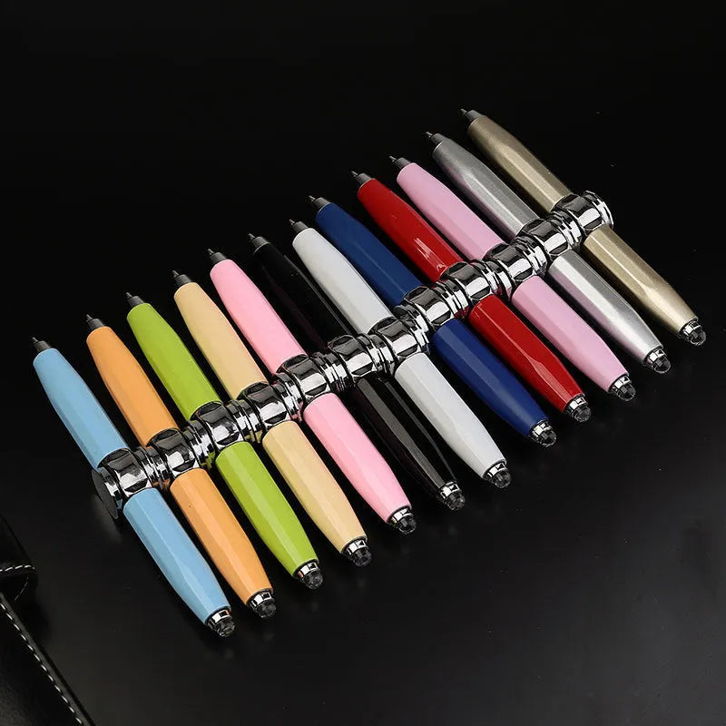 Metal fingertip gyro ballpoint pen with LED spinning function showing 10.5 cm length
