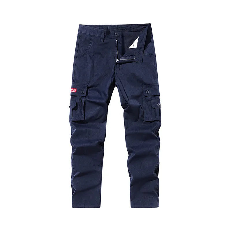 Multi-pocket cargo trousers in pure cotton with straight leg and drawstring mid waist in khaki green