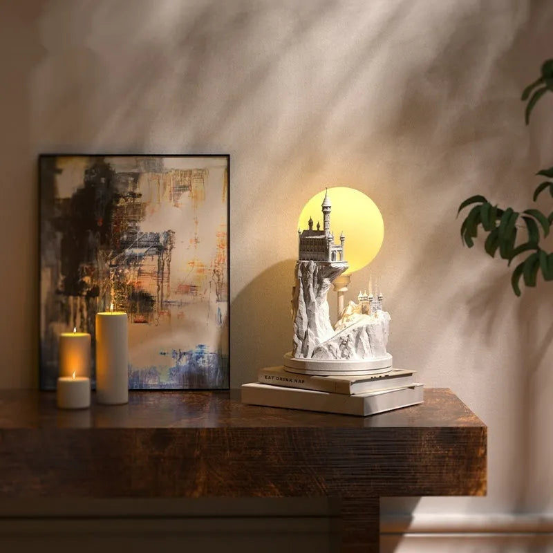 White composite gypsum table lamp with wire control switch on wooden surface