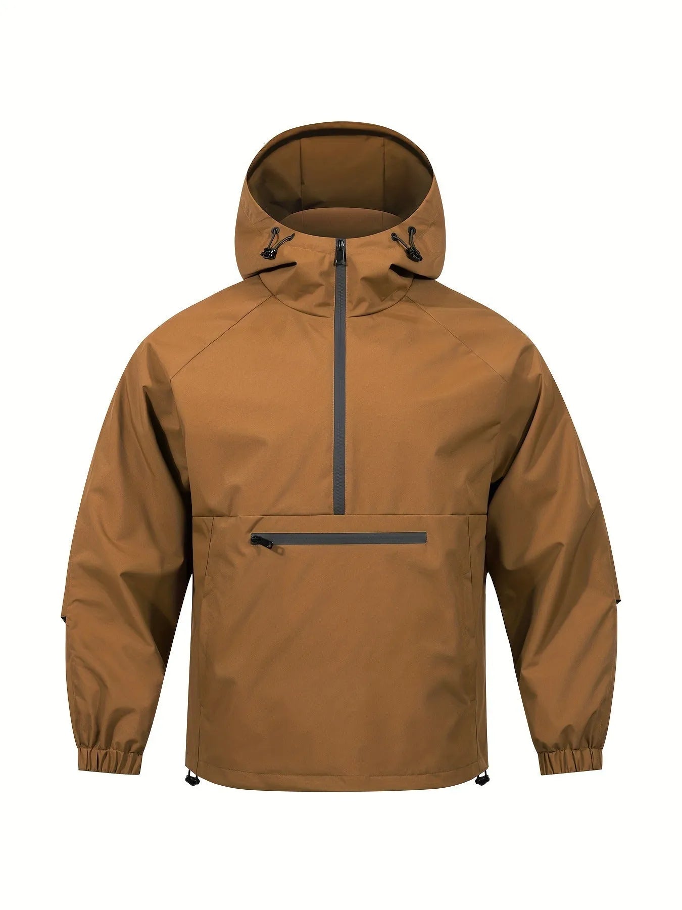 Men's light grey corduroy half-zip hooded sweater jacket with rabbit fur blend fabric in loose Korean-style fit