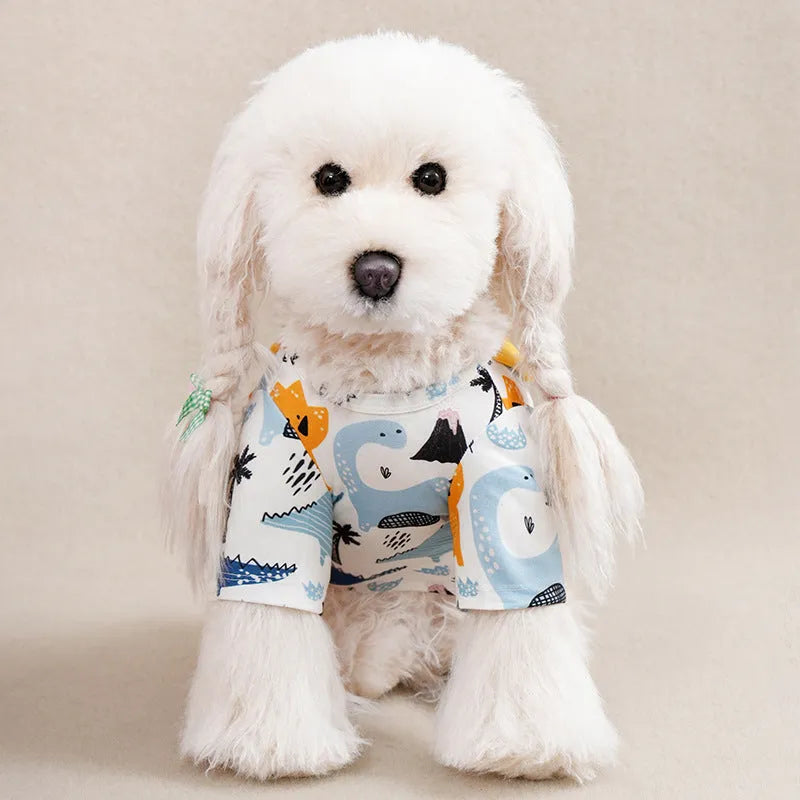 Small dog wearing a printed casual polyester T-shirt, showing the full-print design and fit.
