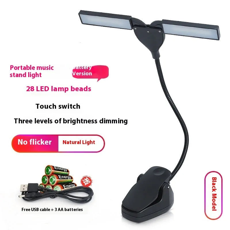 Black USB rechargeable music stand lamp with 28 LEDs mounted on a metal stand.