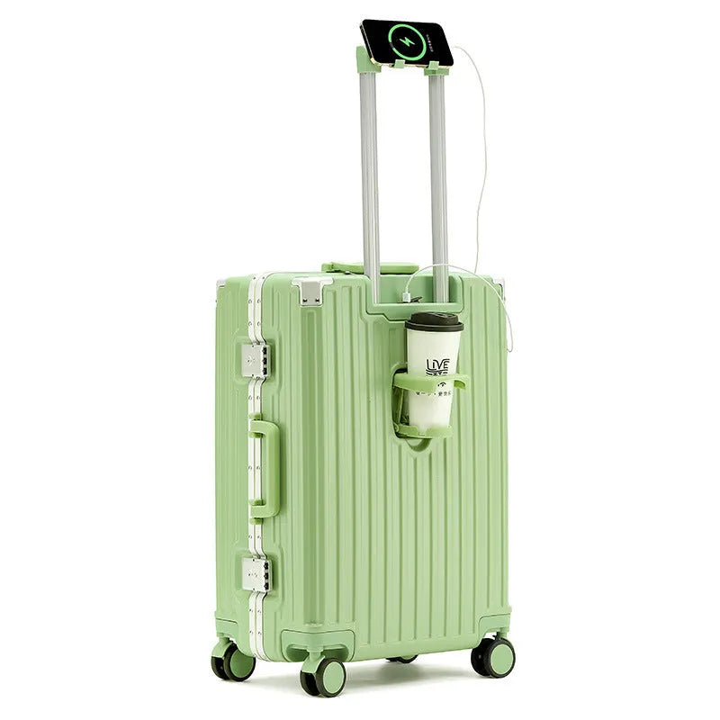 Aluminium frame ABS PC trolley case in avocado green with universal wheels and a USB port.