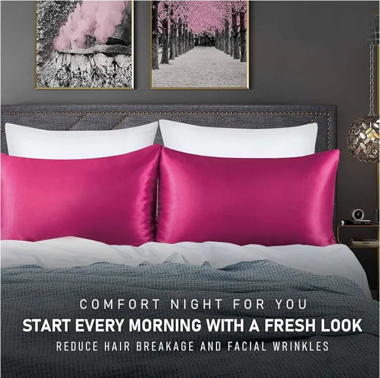 A pair of solid colour satin pillowcases in a chosen shade, showing the smooth plain weave fabric texture.
