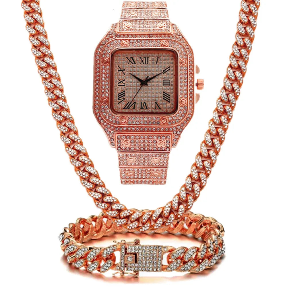 Roman numeral quartz watch with diamond-studded square dial and black mesh band, with matching bracelet and necklace