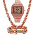 Roman numeral quartz watch with diamond-studded square dial and black mesh band, with matching bracelet and necklace