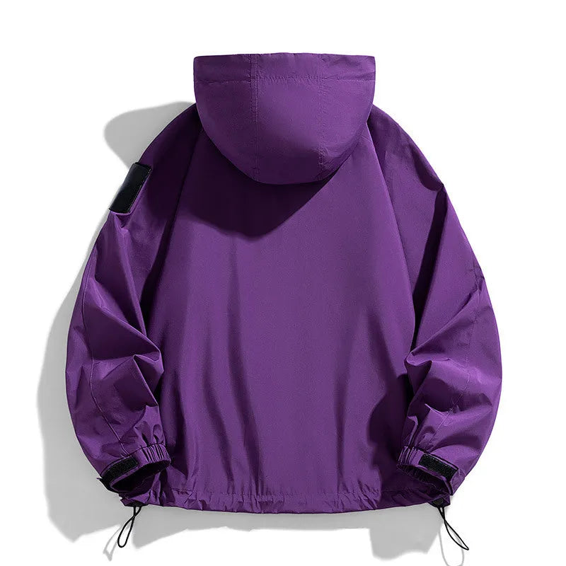 Men's black waterproof hooded jacket with long sleeves on a hanger.