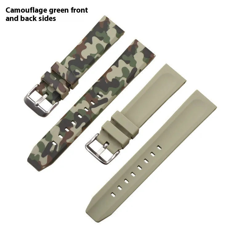 Green camouflage silicone watch strap showing adjustable buckle and 20mm width.