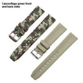 Green camouflage silicone watch strap showing adjustable buckle and 20mm width.