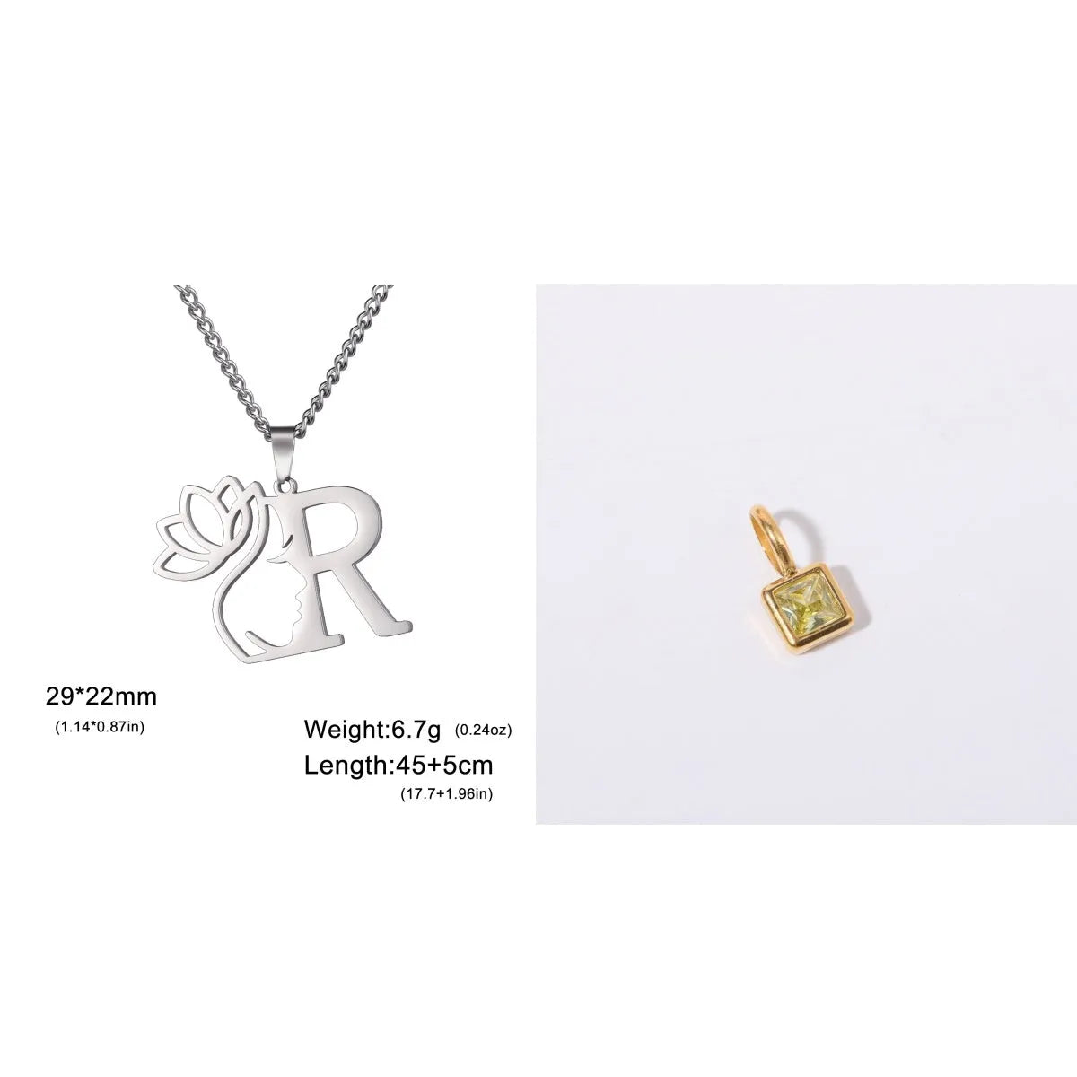 Stainless steel necklace with cross chain design and initial pendant in gold or silver finish