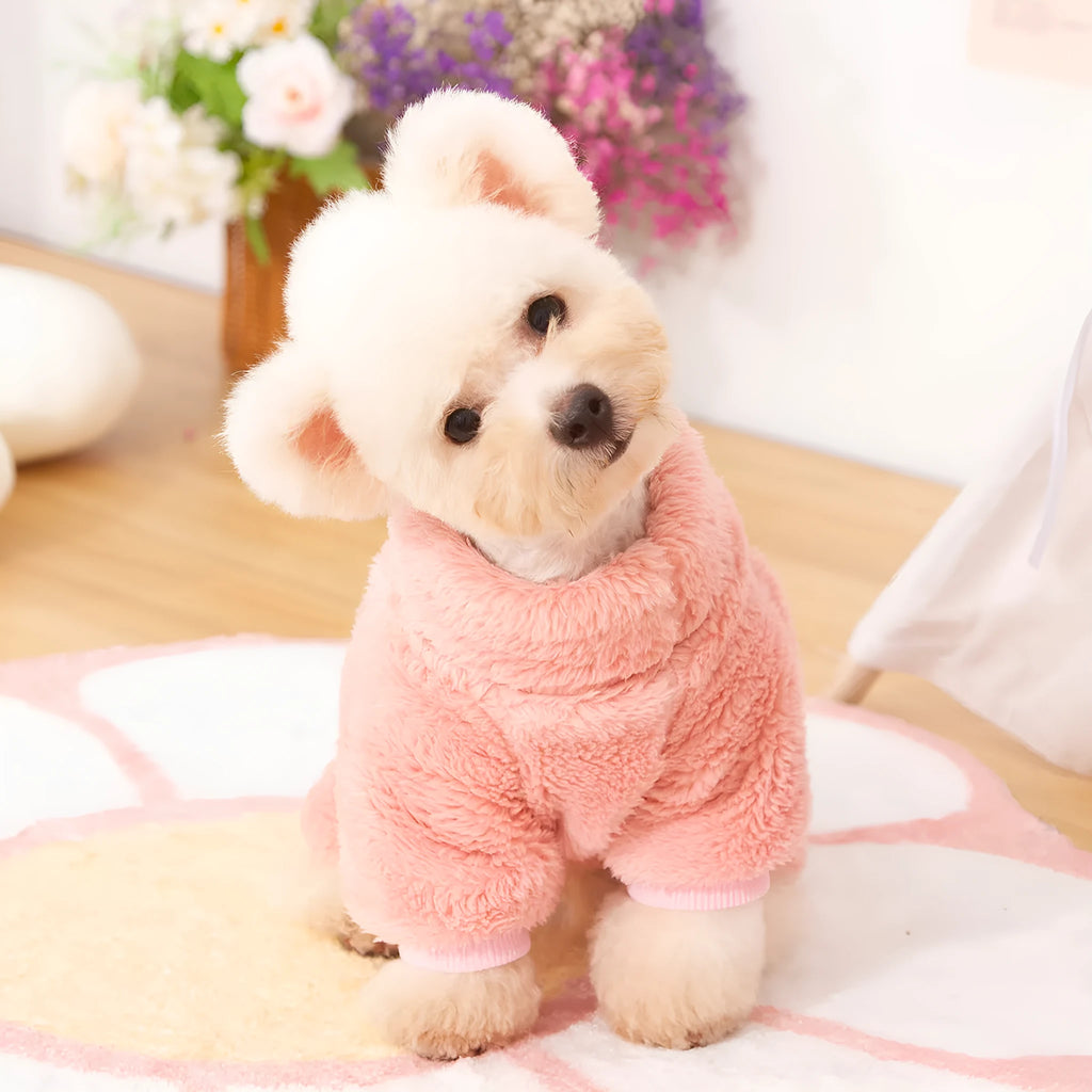 Four-legged dog clothing with double-sided plush fabric, high collar, and towing ring in khaki colour