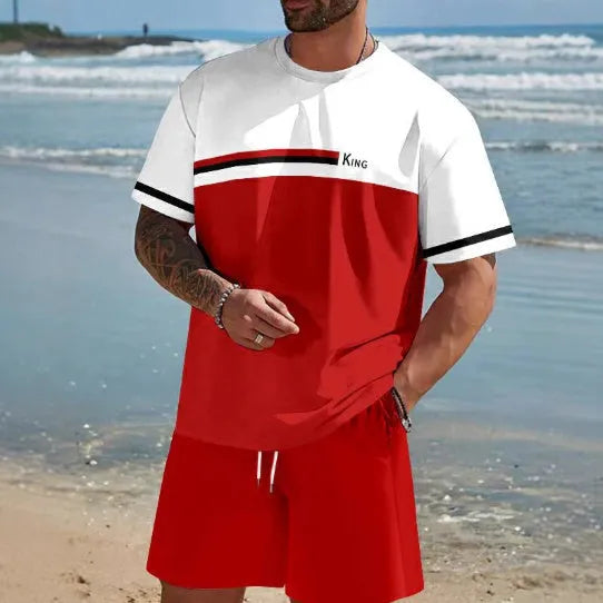 Man wearing a loose fit short sleeve t-shirt and shorts set in a solid colour for summer.