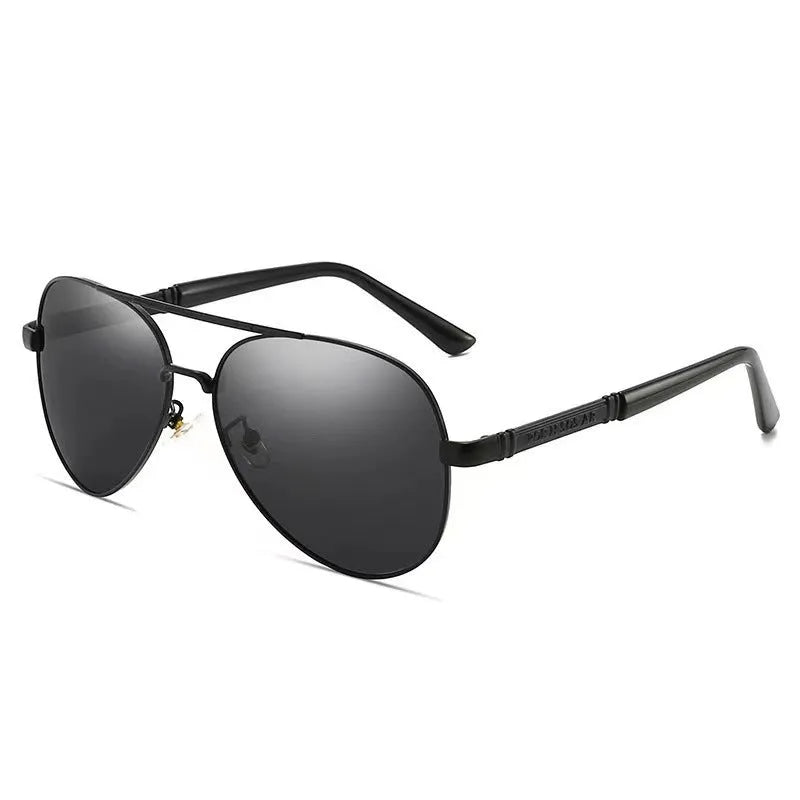 Men's metal frame polarised sunglasses with dragon and phoenix temple decoration, shown in a gold frame with dark lenses.