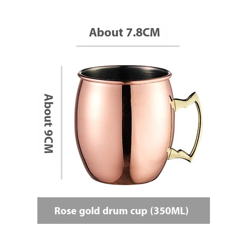 Copper plated stainless steel Moscow Mule mug in hammered and smooth styles, shown in silver, gold, rose gold, and black.
