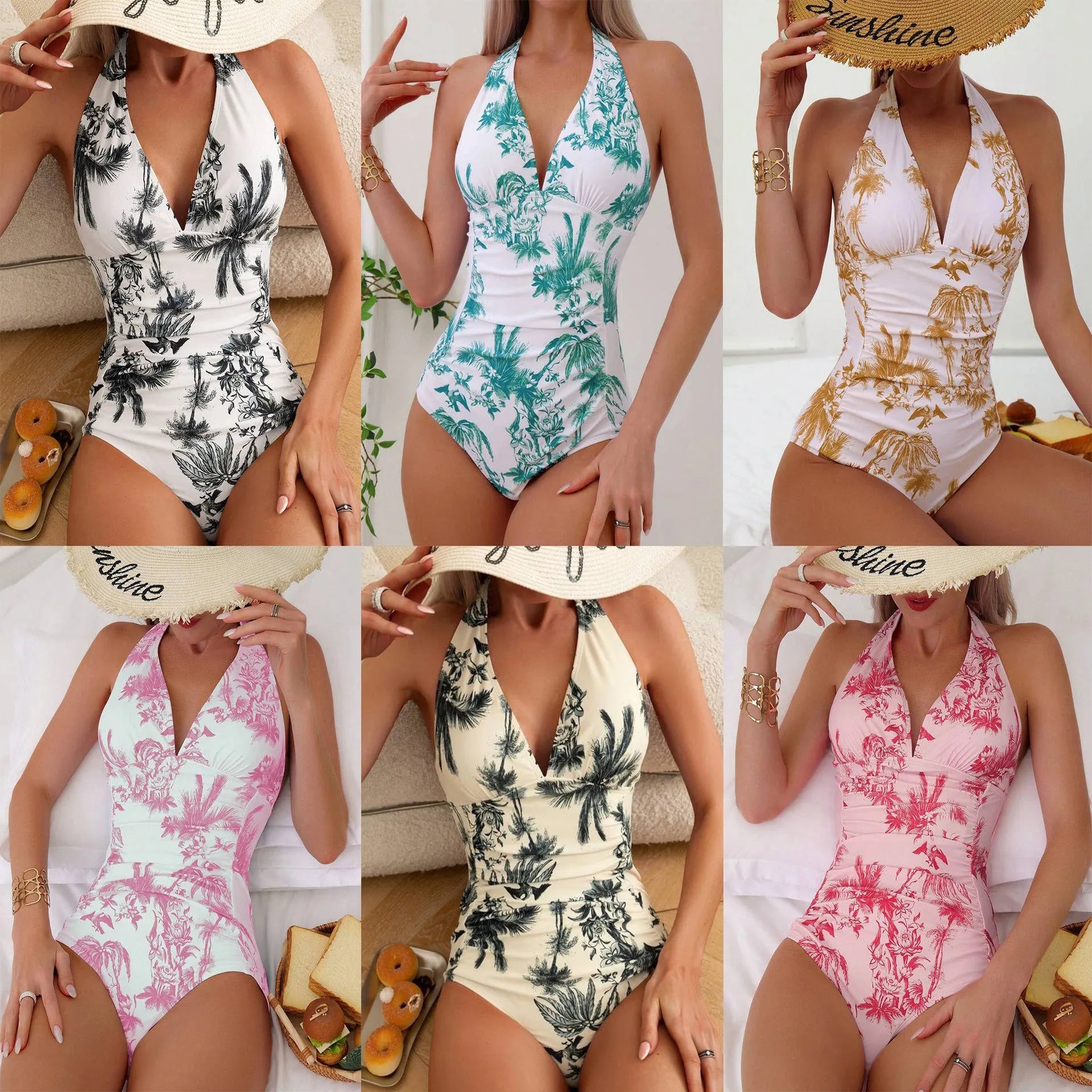 Women's printed V-neck one-piece swimsuit shown in one of seven available colours.