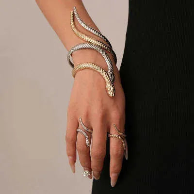 Gold electroplated exaggerated twisted snake design ring and bracelet jewellery set