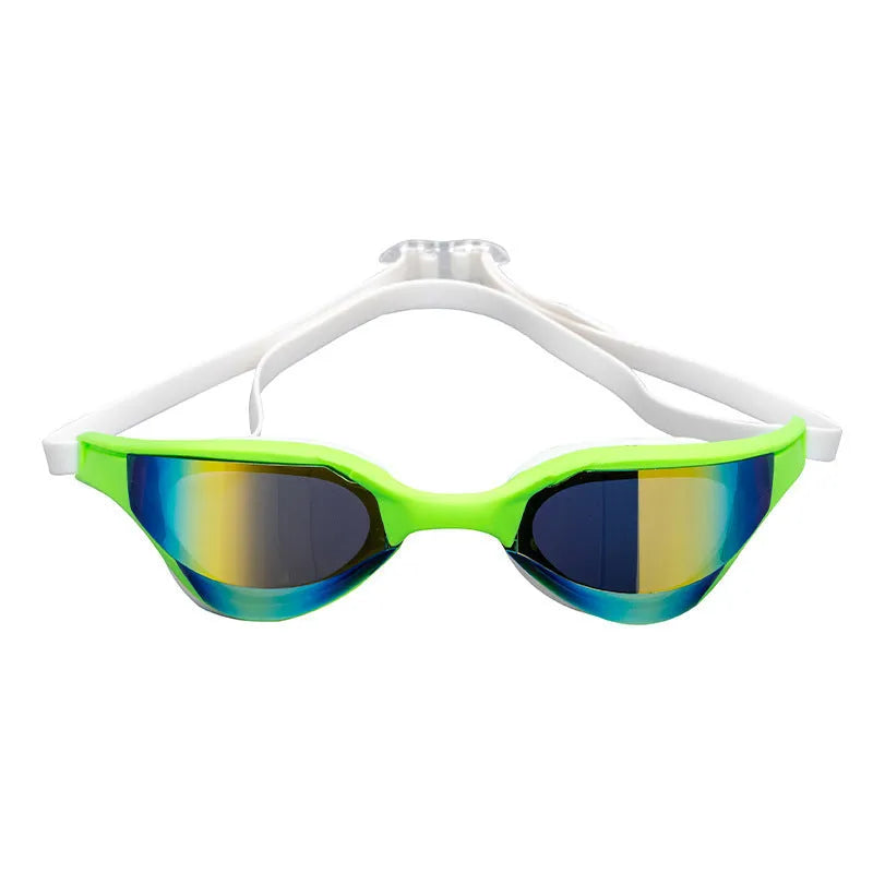 Black and gold plated anti-fog racing swimming goggles with polycarbonate frame on a blue background.