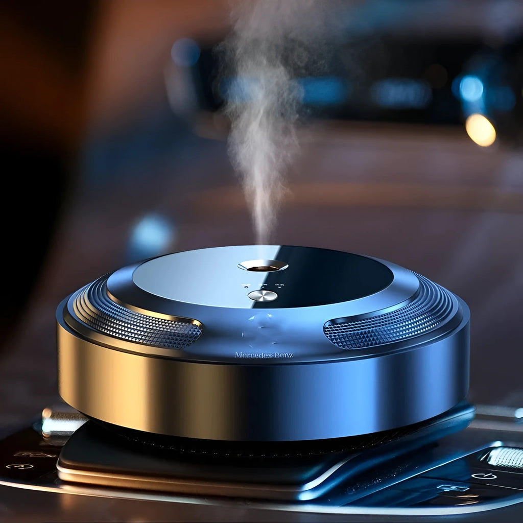 Car air freshener diffuser with zinc alloy shell, automatic spray function and three fragrance oil bottles