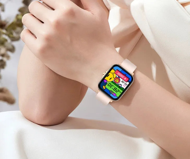 Blue smart watch with 1.7-inch touch screen on adjustable silicone strap