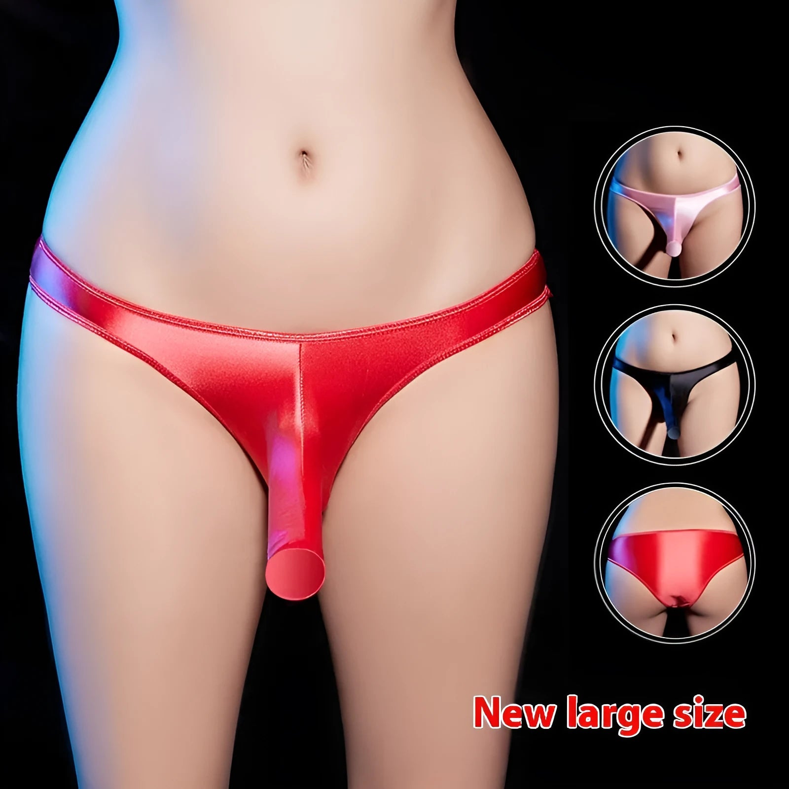 Men's shiny nylon T-back low waist underwear in black, shown on a model.
