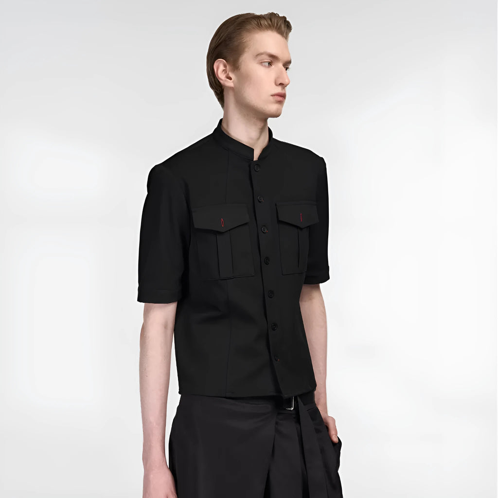 Black half sleeve hunting shirt with red eye design, shirt collar and loose fit