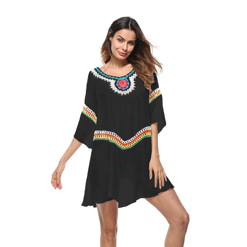 Crocheted white sun protection beach cover-up top for women, loose fit.