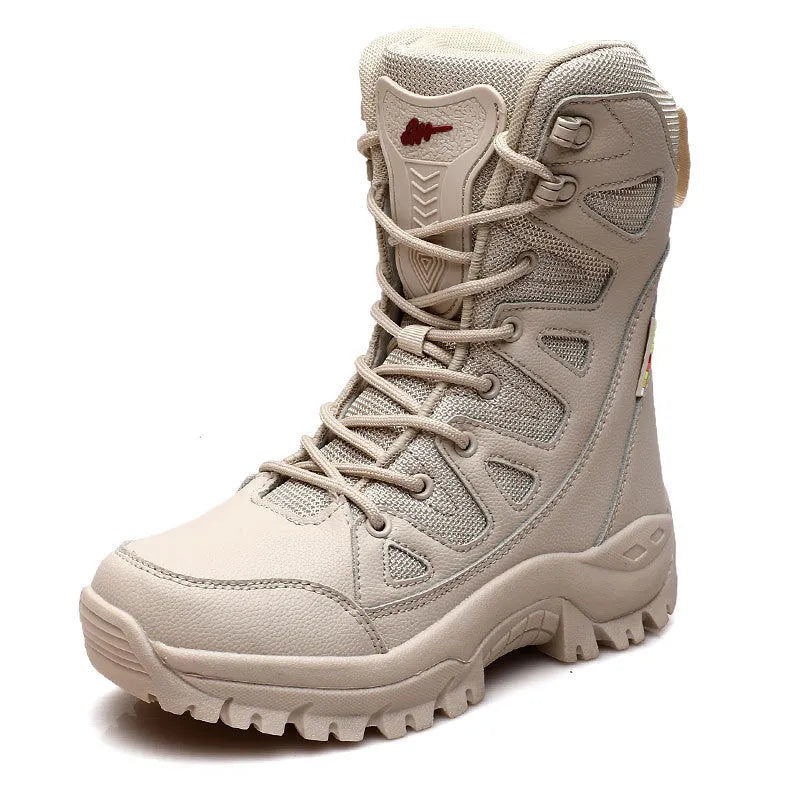 Men's beige cowhide leather hi-top hiking shoes with a platform sole, on a neutral background.