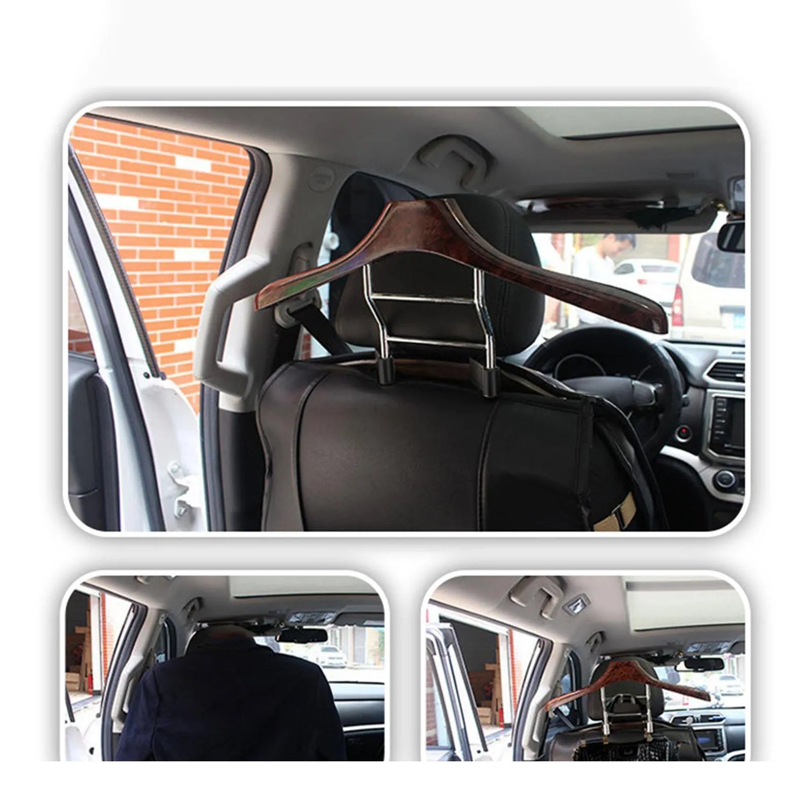 Wood yellow stainless steel car clothes hanger measuring 46.5cm wide on car seat