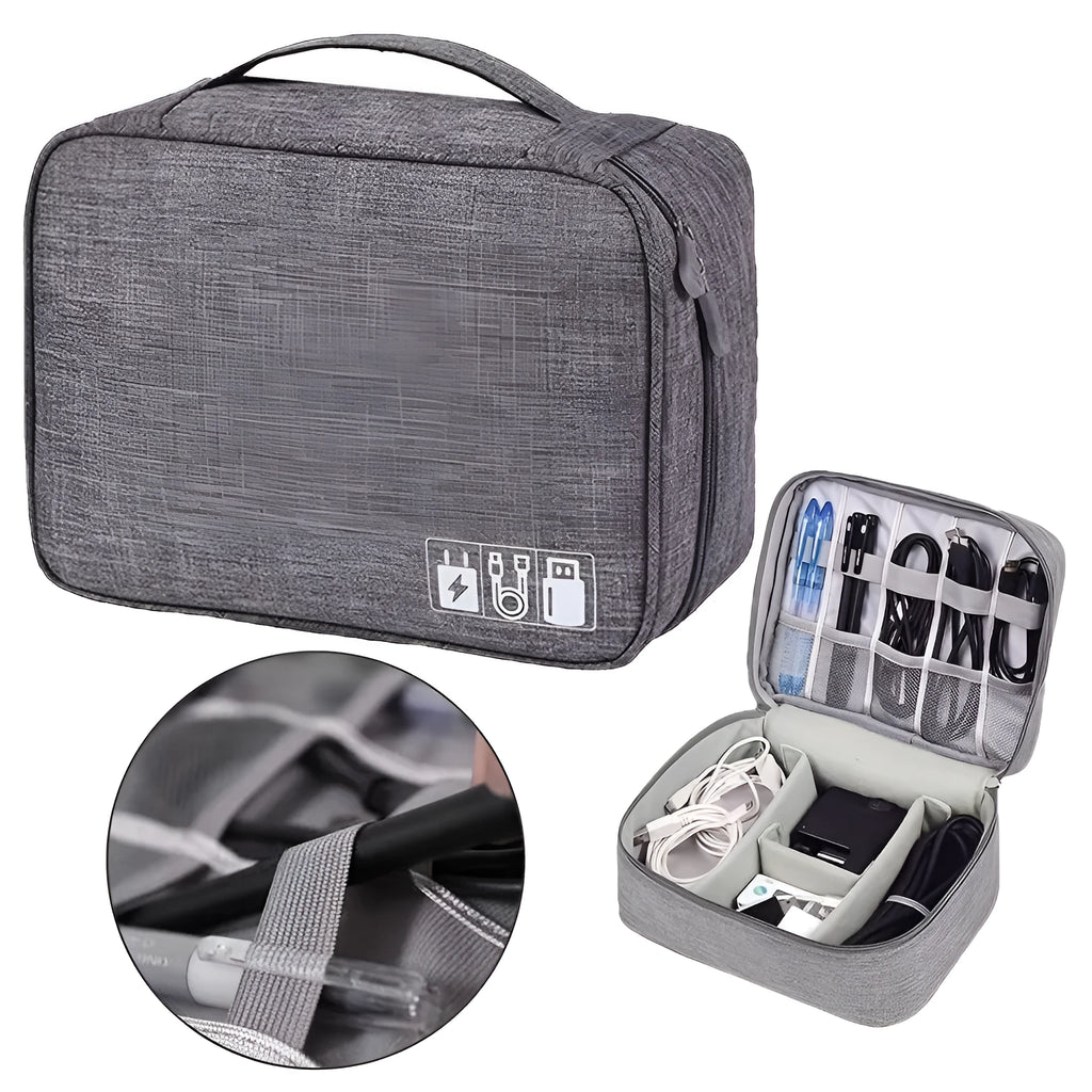 Black and grey waterproof electronics organiser bag open to show removable dividers and mesh pockets for cables.
