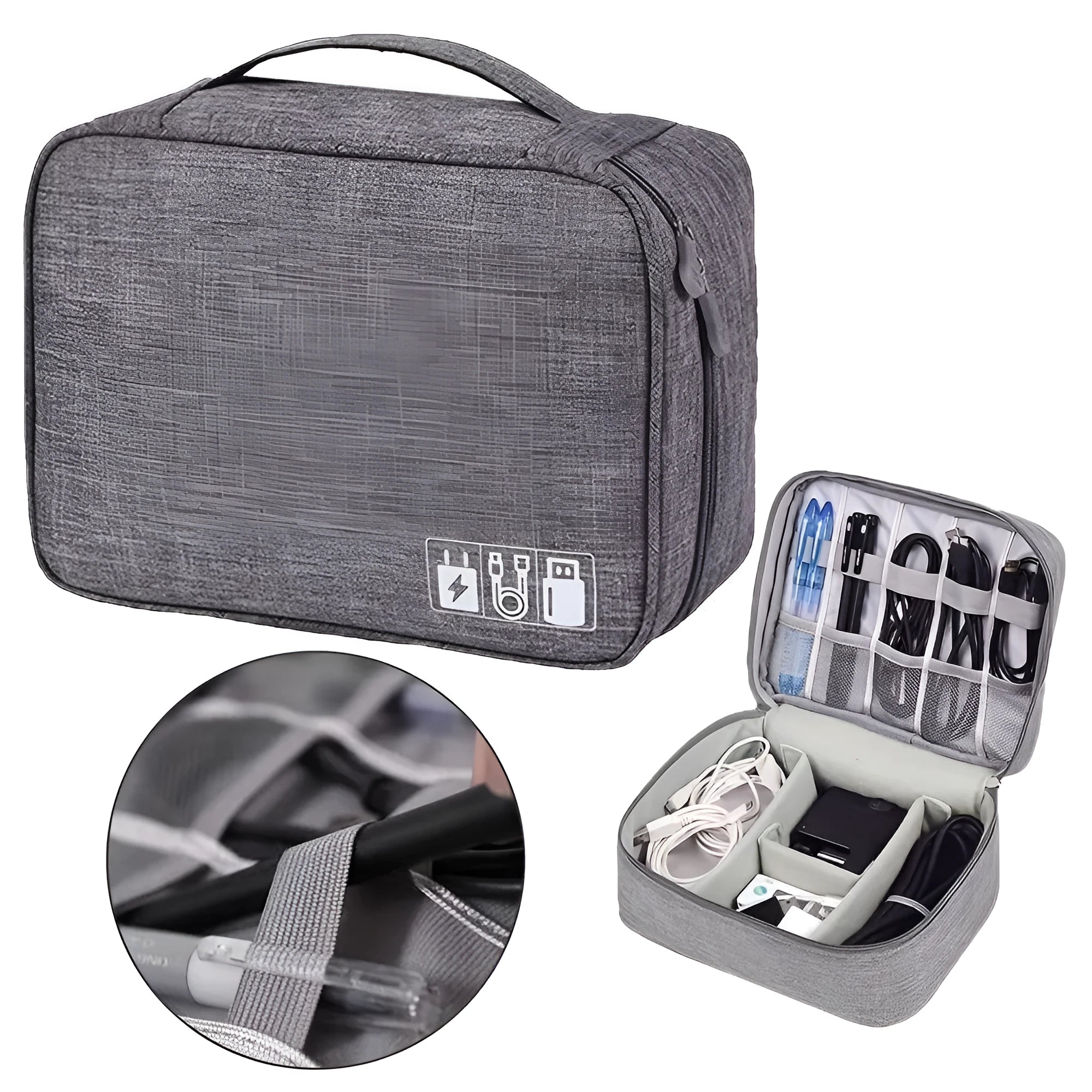 Black and grey waterproof electronics organiser bag open to show removable dividers and mesh pockets for cables.