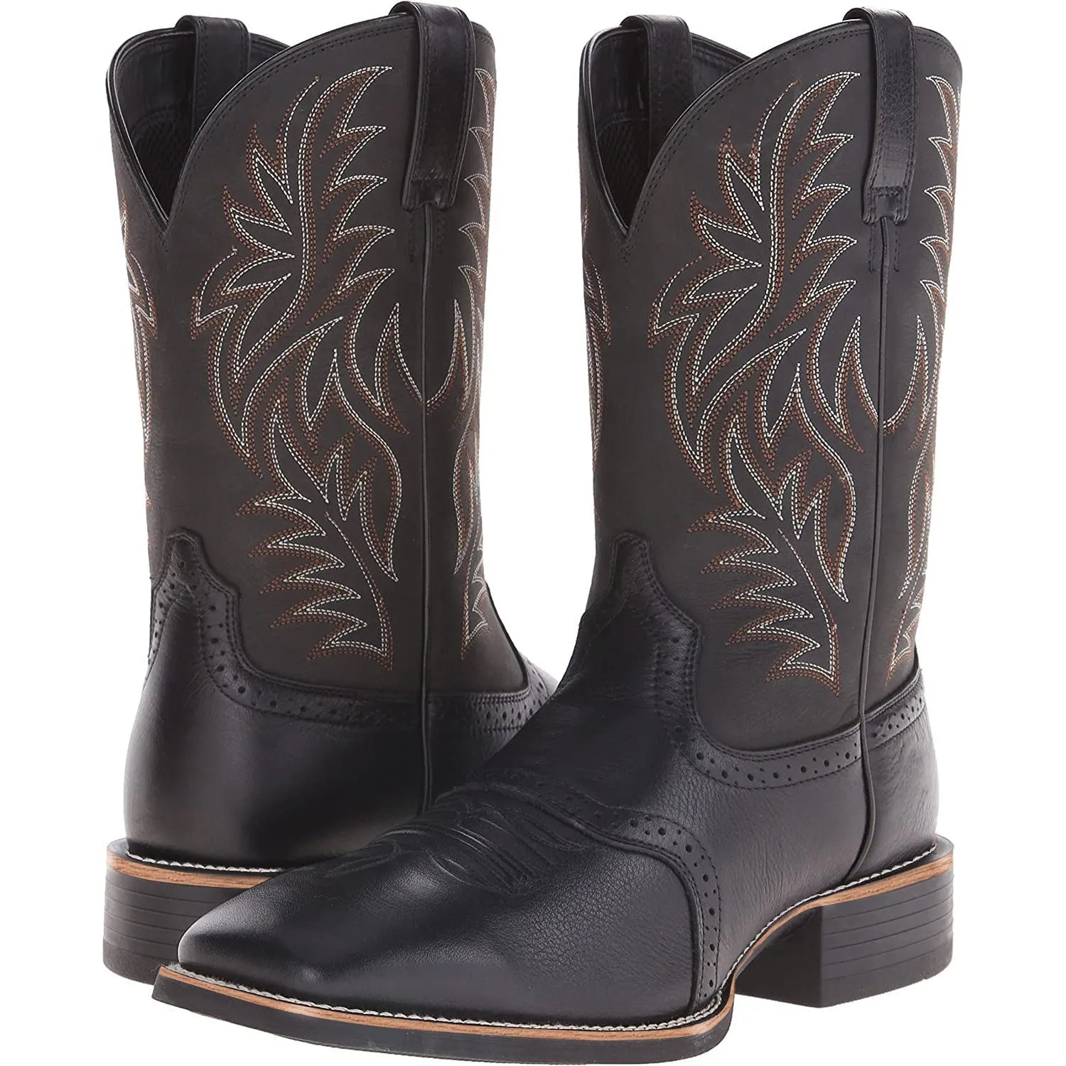 Men's black embroidered cowboy boots with square toe and horseshoe heel on a plain background.