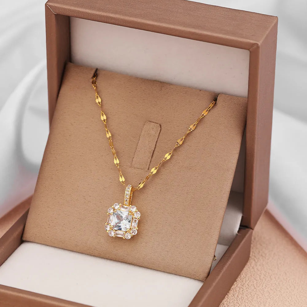 Women's titanium steel clavicle chain with geometric zircon and gemstone pendant