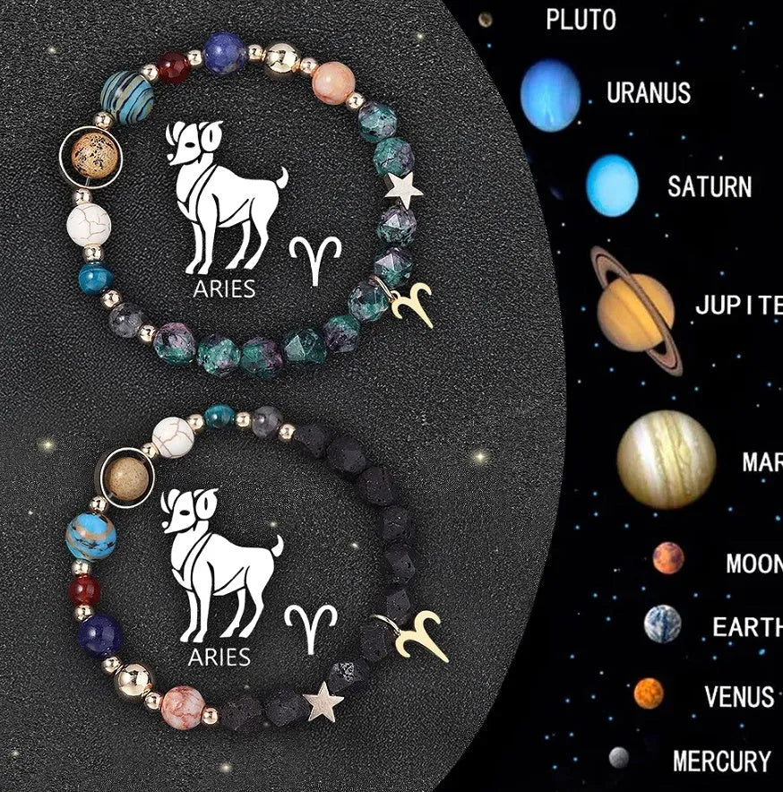 Set of two natural stone beaded bracelets showing zodiac sign designs on a cord.