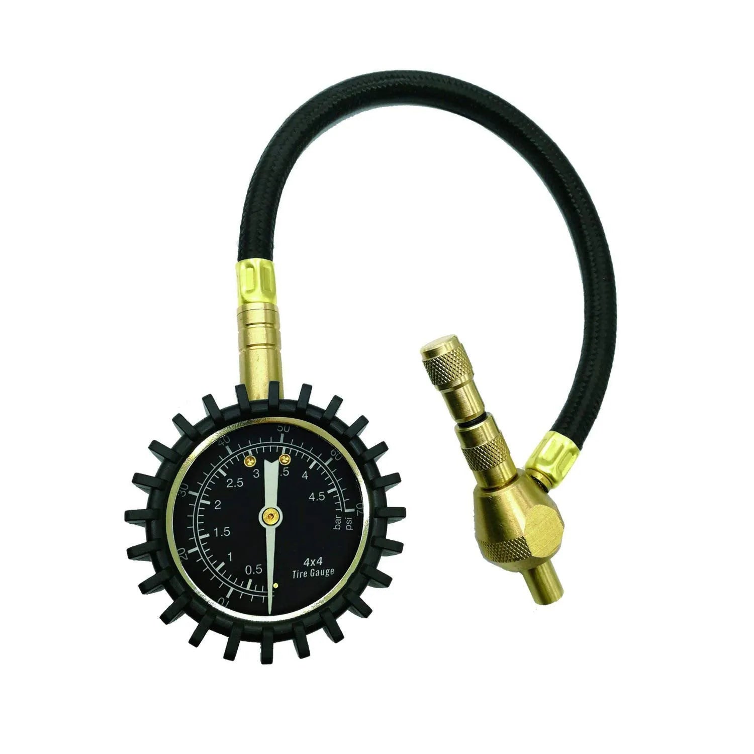 A red mechanical tyre pressure gauge with a metal body and rubber shell, designed for SUVs and off-road vehicles.